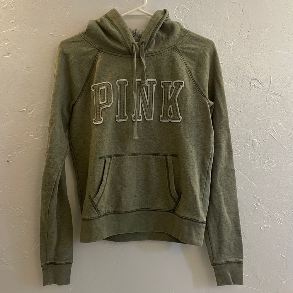 Victoria’s Secret Pink Olive Green and White Hoodie